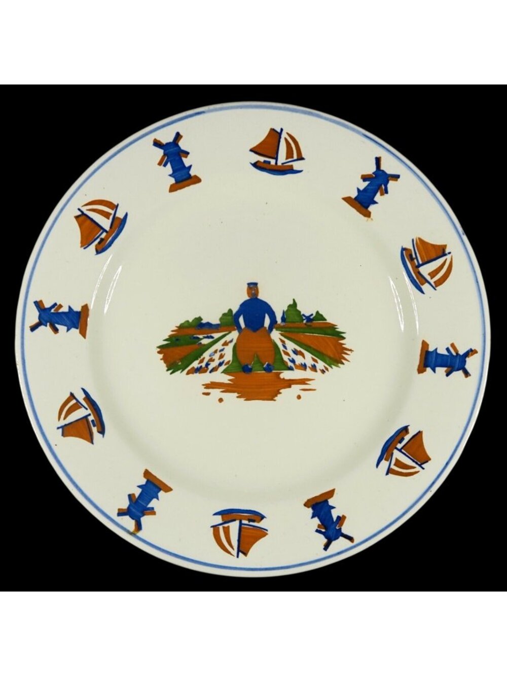 Schramberg Majolica Plate, Windmills & Sailboats, Hand Painted Germany 1920s